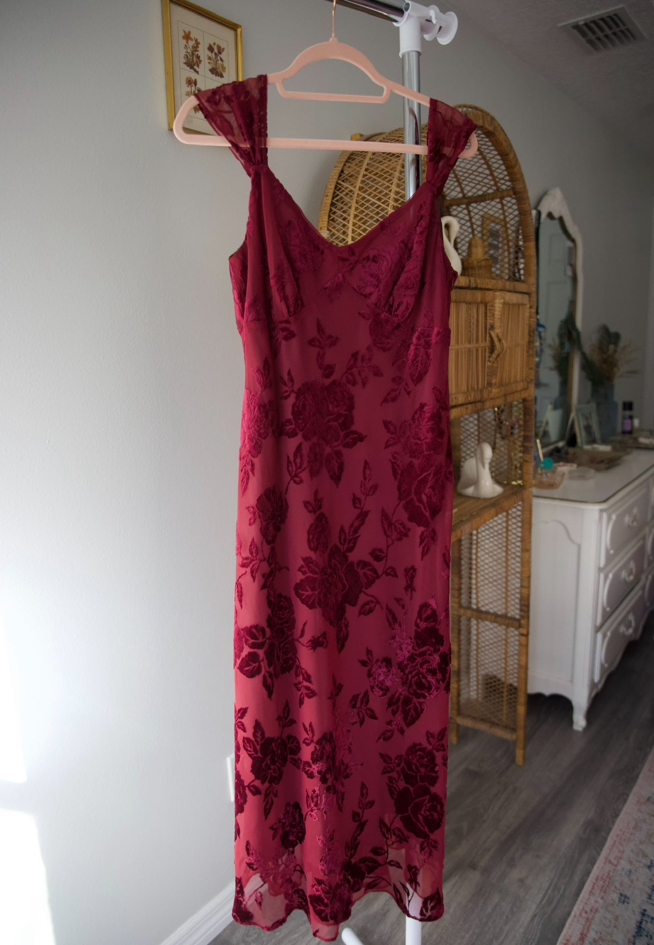 Vintage burgundy velvet floral dress