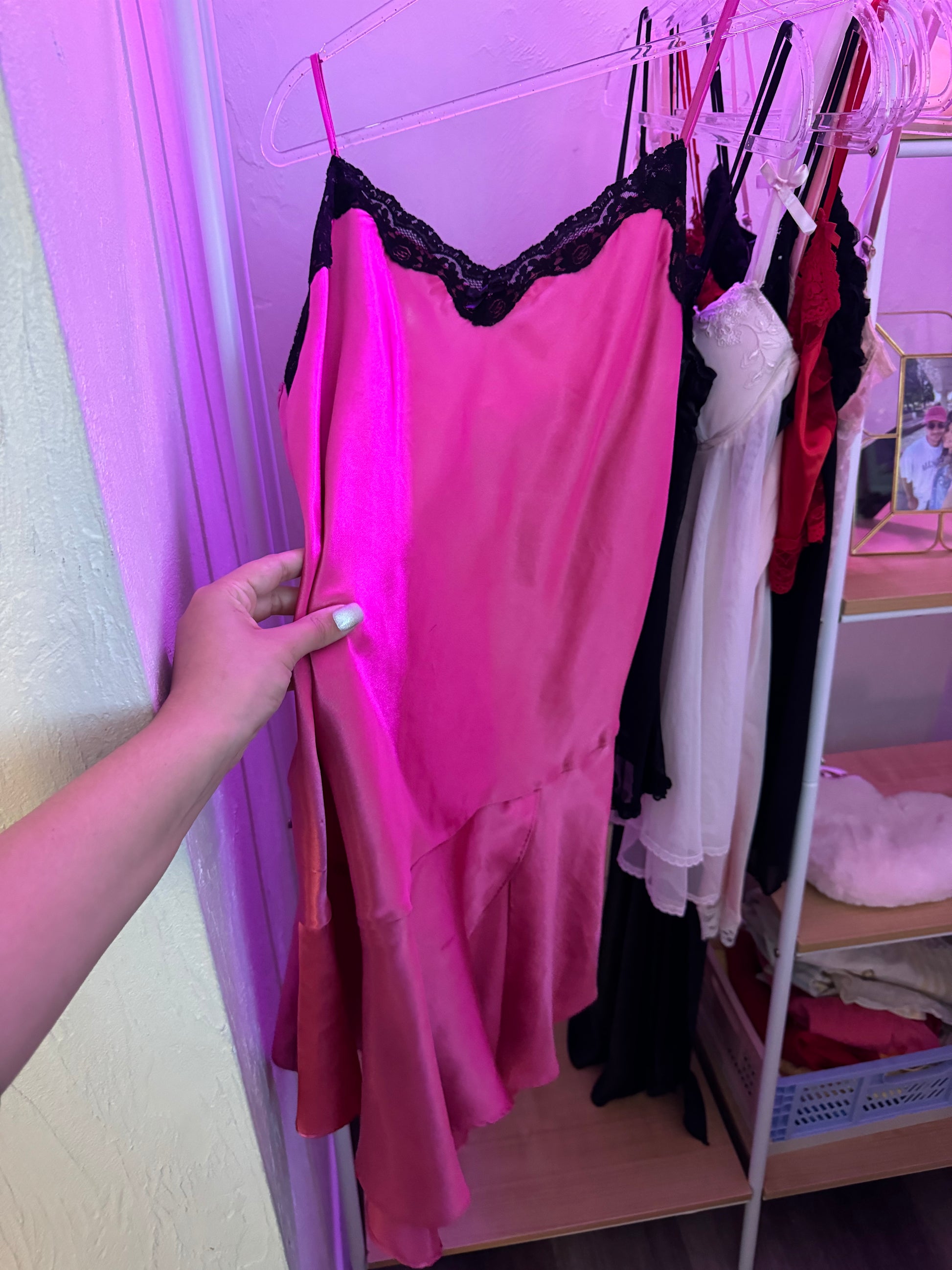 Vintage hot pink/black lace slip dress/robe set Lua Mae Vintage hot pink/black lace slip dress/robe set Lua Mae