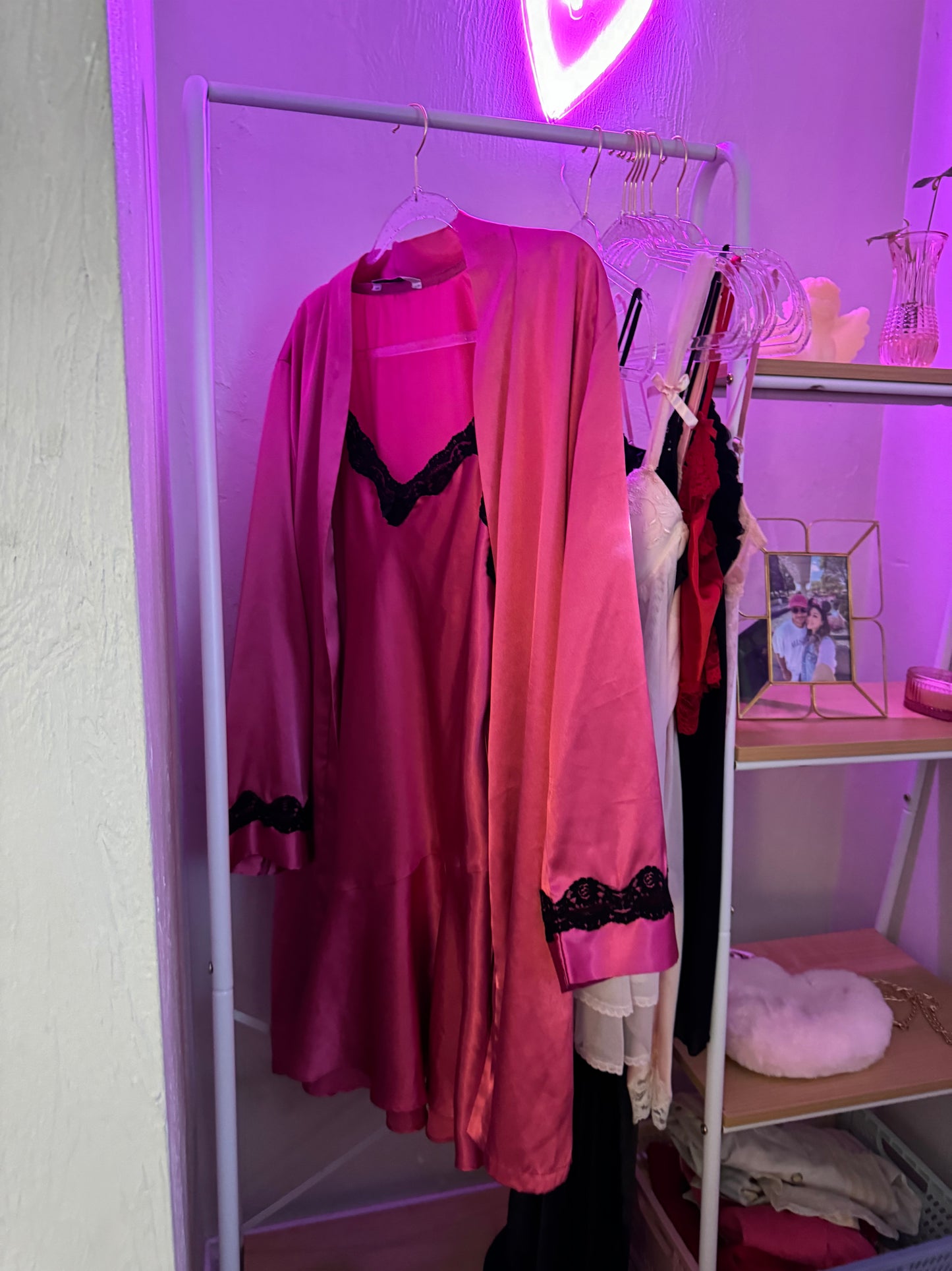 Vintage hot pink/black lace slip dress/robe set