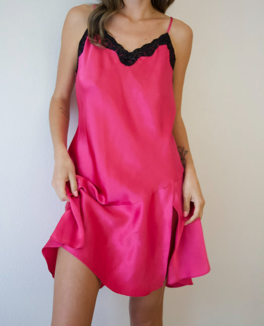 Vintage hot pink/black lace slip dress/robe set